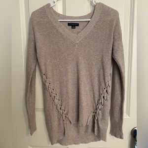 -beige v-neck braided sweater